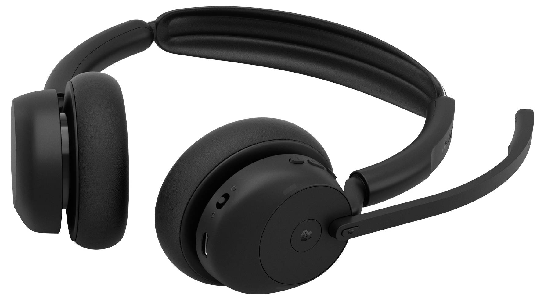 Schwarzes Over-Ear-Wireless-Headset mit gepolstertem Kopfbügel, großen Ohrmuscheln und Bügelmikrofon auf weißem Hintergrund