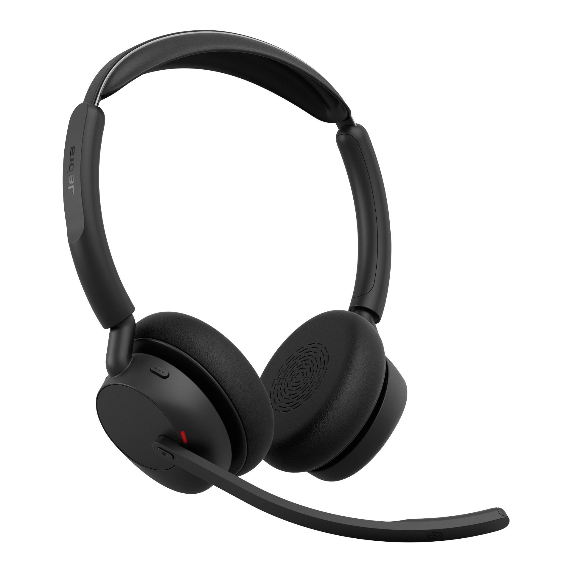 Schwarzes Over-Ear-Wireless-Kopfhörer-Set mit gepolsterten Ohrmuscheln und Boom-Mikrofon auf weißem Hintergrund.