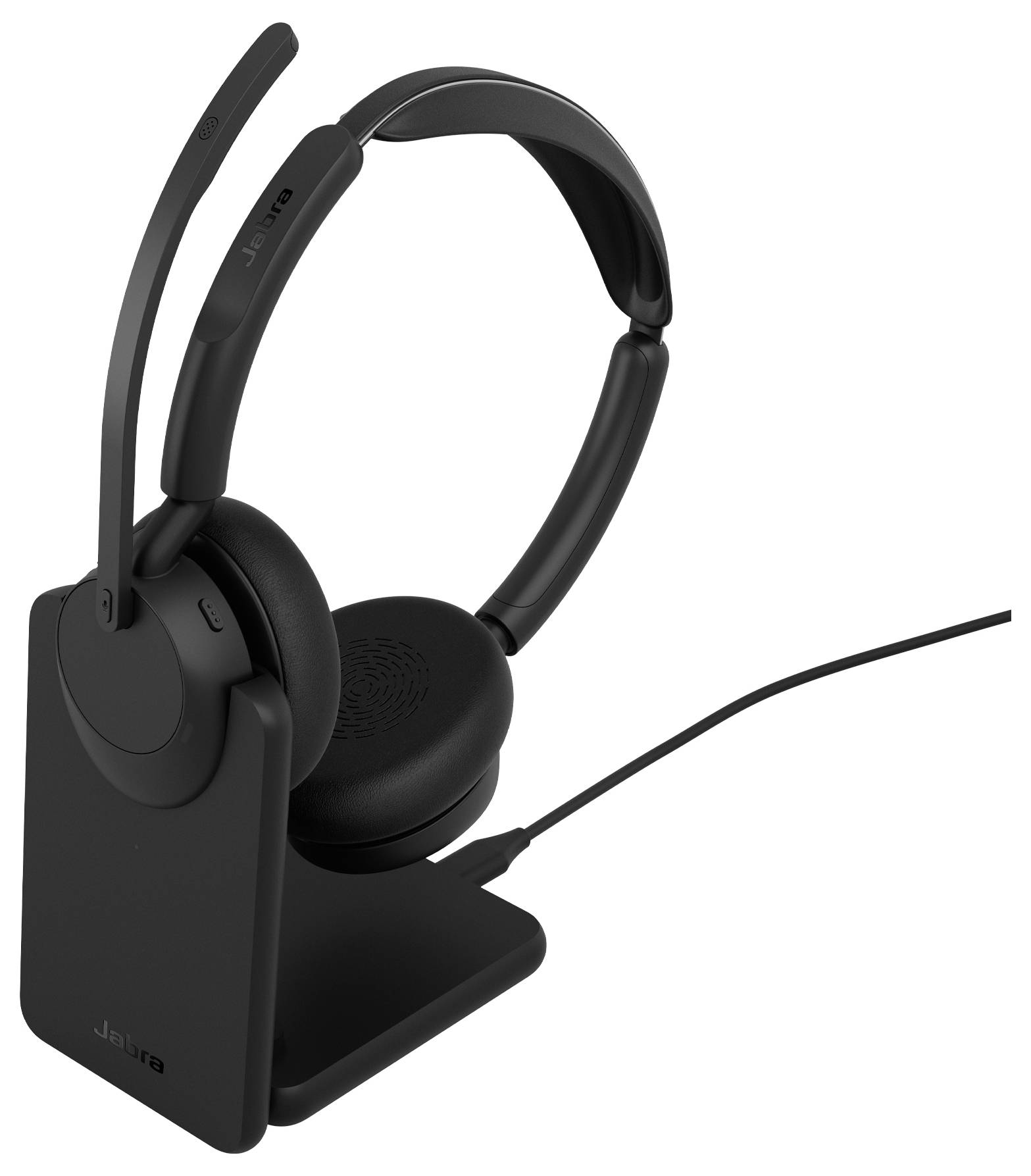 Schwarzes Over-Ear-Funk-Headset mit Mikrofon, das auf einer Ladestation aufgelegt ist, mit angebrachtem Kabel.