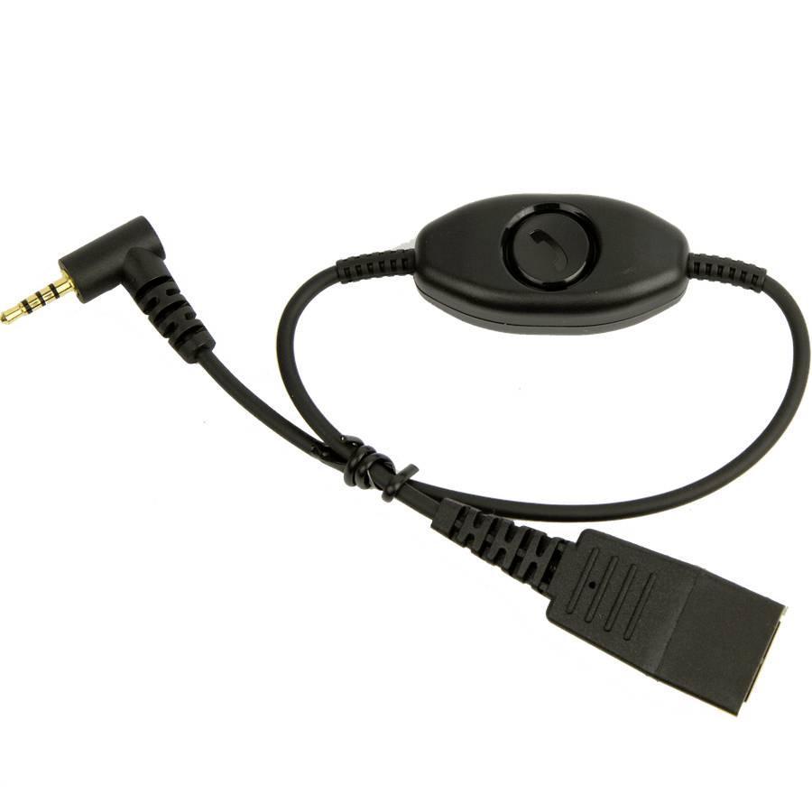 Schwarzes Audioadapterkabel mit Draht, 3,5-mm-Stecker, integrierter Lautstärkeregelung und rechteckigem Anschluss auf weißem Hintergrund