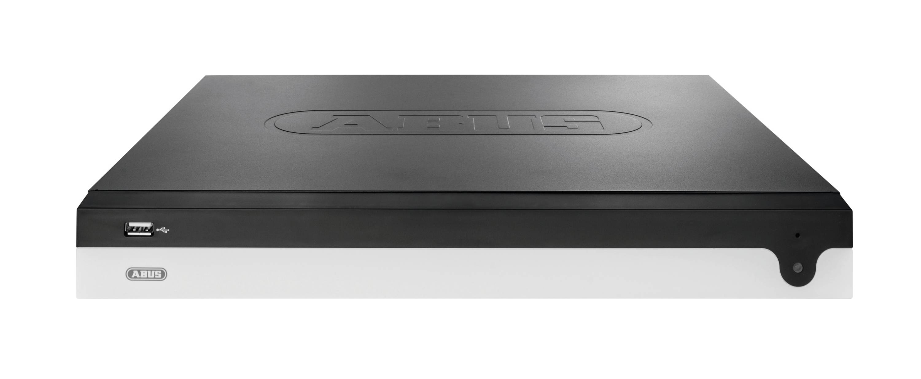 Schwarze und silberne ASUS AV2500 Set-Top-Box oder DVR von vorne gesehen, mit USB-Anschlüssen auf der linken Seite und einem zentralen Anzeigefeld.