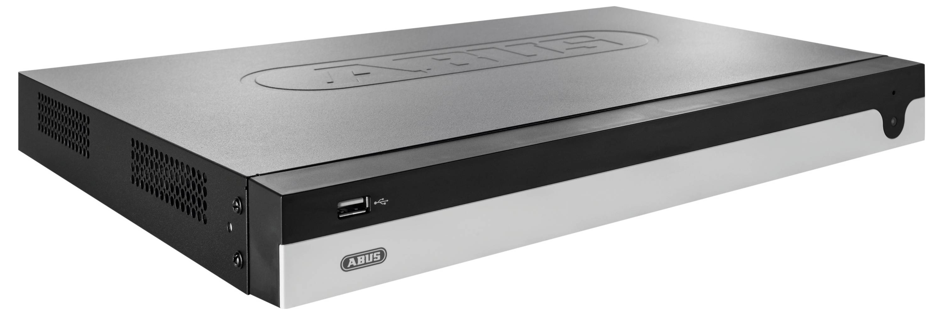Schwarze ABUS-Sicherheitsrecorder-Box mit frontseitigem USB-Anschluss und Markenlogo, in Perspektive auf weißem Hintergrund dargestellt.