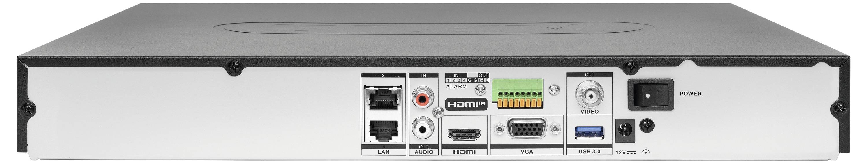 Rückansicht eines AV-Geräts oder Mediaplayers mit Ethernet-, HDMI-, USB-, VGA-, Audio- und Stromversorgungsanschlüssen auf der Rückseite.
