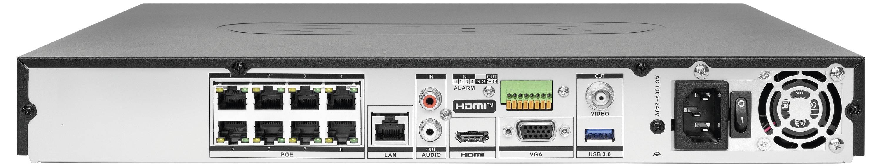 Rückansicht eines Rack-Mount-Servers mit acht Ethernet-Anschlüssen, Audio, HDMI, VGA, USB, Stromeingang und Kühlventilator.