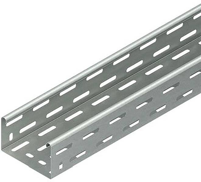 Perforietes Metallkabelblech mit geschlitzten Seitenflächen, in Perspektivansicht auf weißem Hintergrund dargestellt.