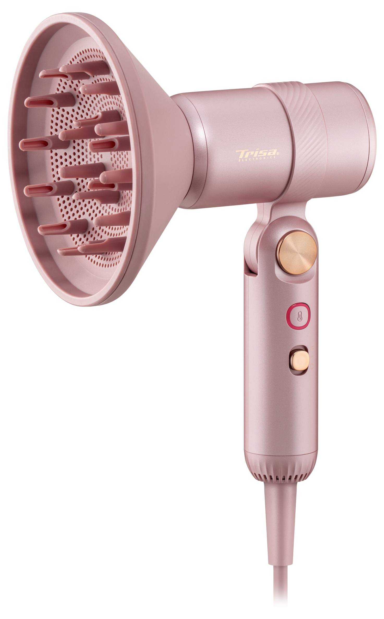 Föhn mit rosa Farbe und Diffusor-Aufsatz, auf weißem Hintergrund abgebildet, mit Bedienelementen am Griff und angeschlossenem Kabel.