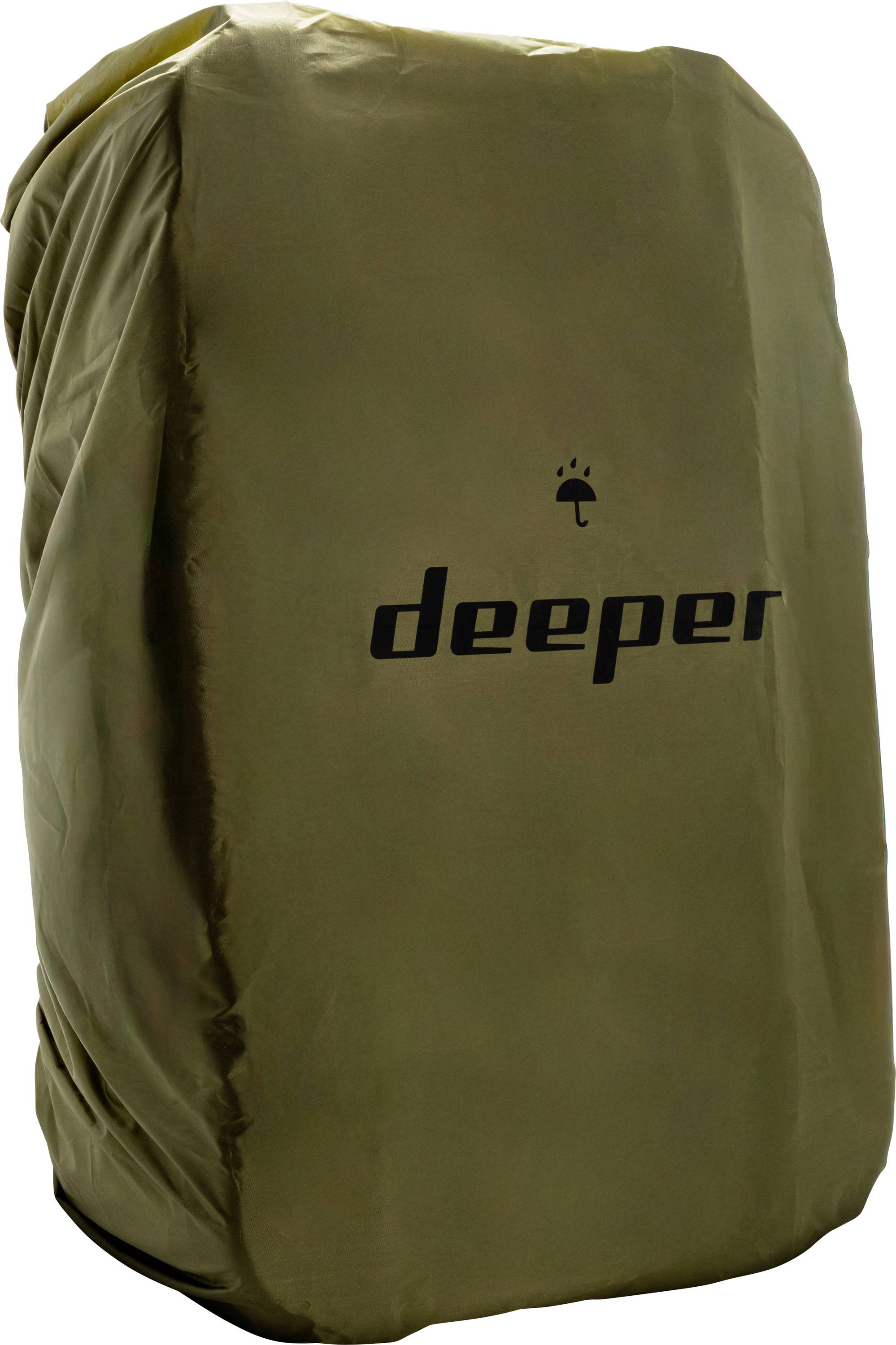 Olivgrüne, mit Deeper-Markenzeichen versehene wasserdichte Abdeckung oder Tasche, aufrecht auf weißem Hintergrund stehend.