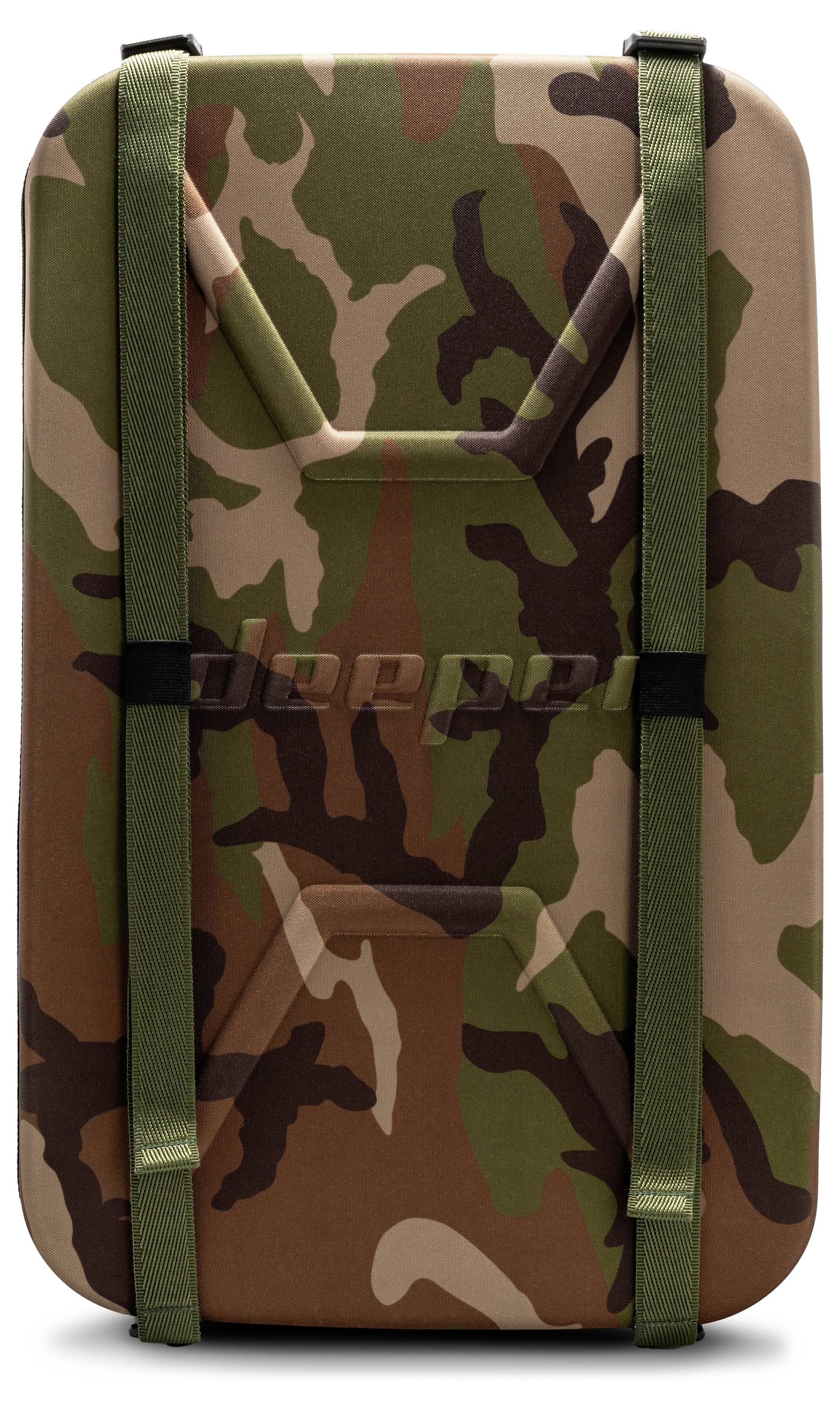 Rucksack oder Koffer mit Hartschale in Camouflage-Optik mit zwei olivfarbenen Riemen und einer schwarzen Mittelbeschlag.
