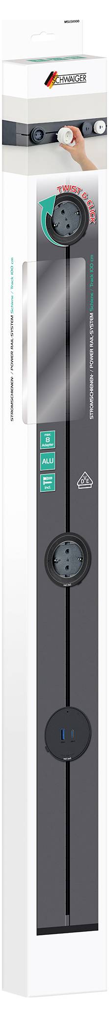 Produktbox für ein hohes schwarzweiß-elektronisches Gerät mit einer Frontplatte, die zwei runde Regler und ein zentrales vertikales Display zeigt.