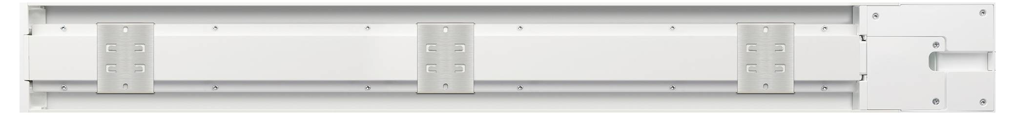 Weiße lineare Maschine oder Förderleiste mit drei angebrachten Halterungen und einem Steuermodul am rechten Ende.