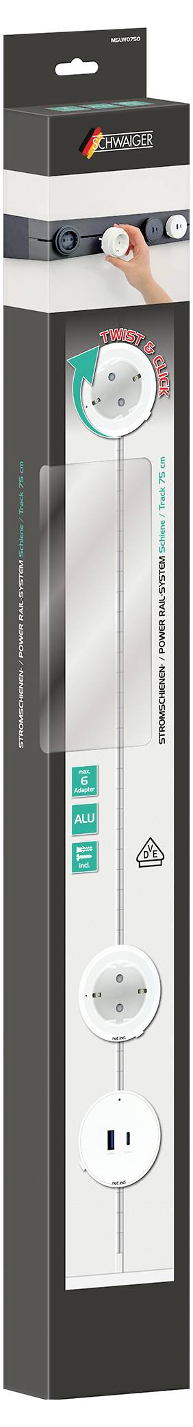 Einzelhandelsverpackung für ein langes elektrisches Verlängerungskabel mit zwei runden Steckdosen und einem weißen Stecker, dargestellt in einer schwarzen hängbaren Box.