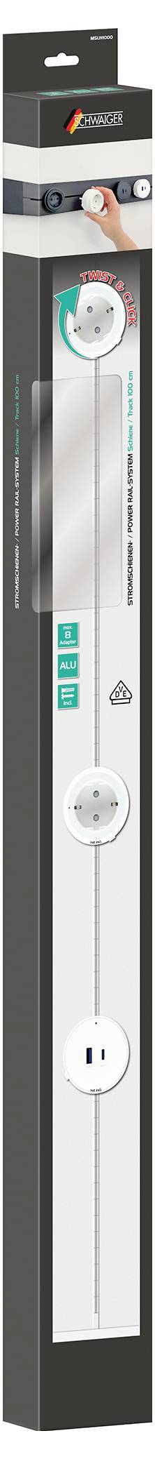 Wandmontierte intelligente Steckdosenleiste mit langem weißem Paneel, vier Steckdosen, USB-Anschlüssen und rundem Ein-/Ausschalter, gezeigt in Einzelhandelsverpackung.