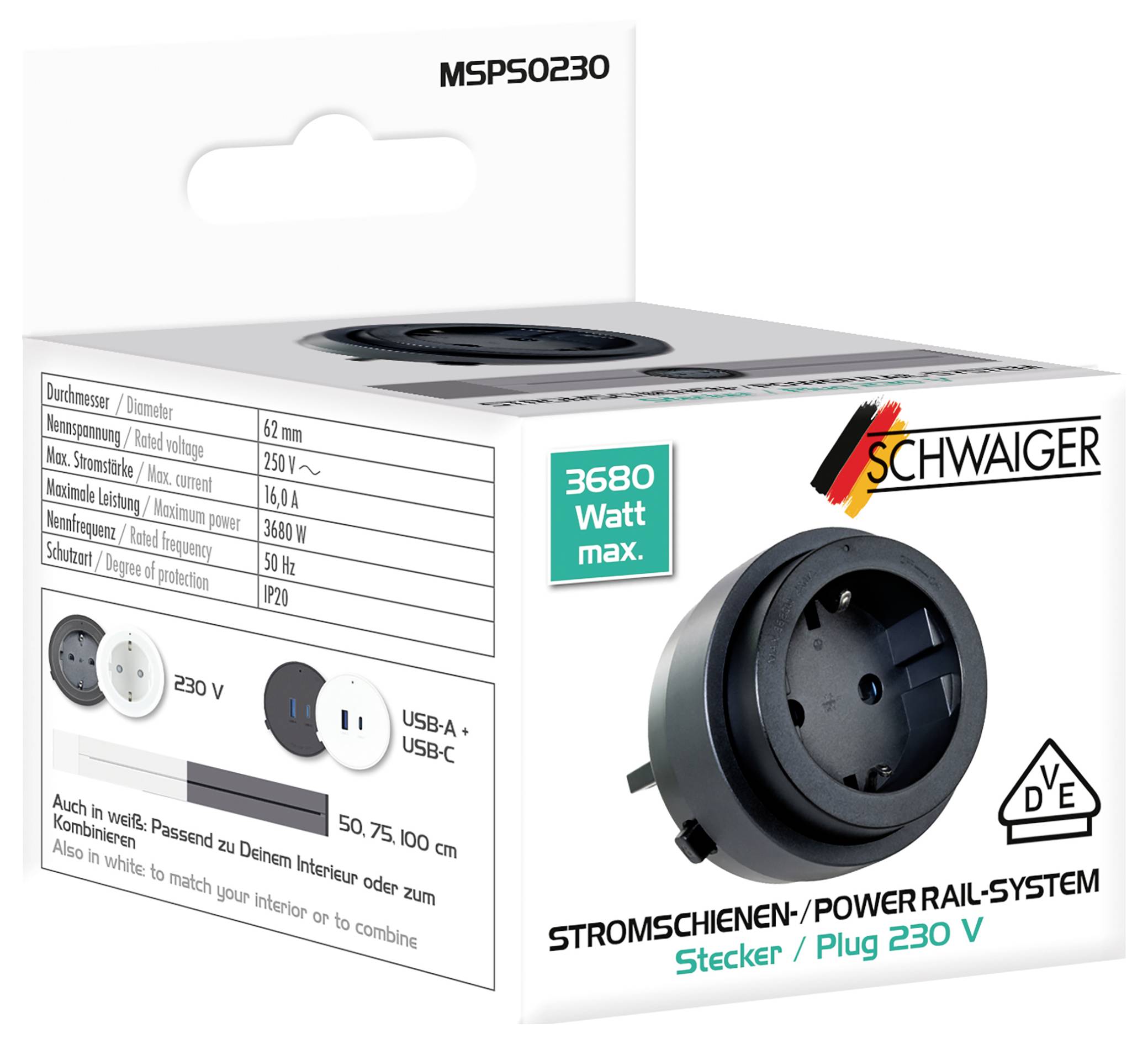 Produktkarton für eine SCHWAIGER Stromschienensteckdose mit Stecker 230 V, gekennzeichnet mit max. 3680 Watt, mit schwarz-weißen Abbildungen von Steckdosen und technischen Spezifikationen.