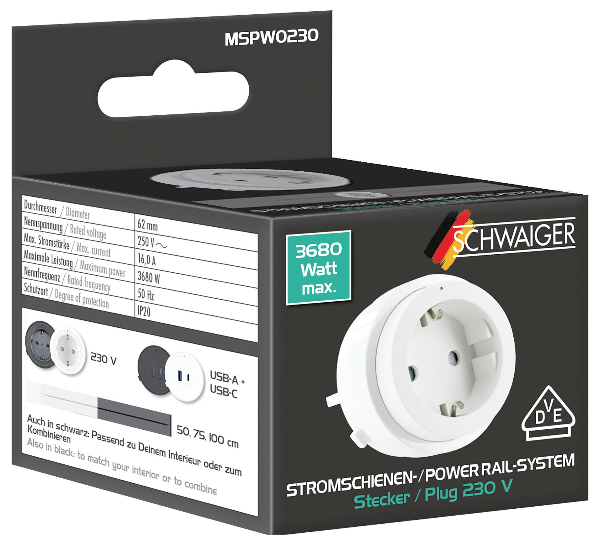 Karton eines Schwaiger Stromschienensystem-Steckdosenadapters, gekennzeichnet mit „3680 Watt max.