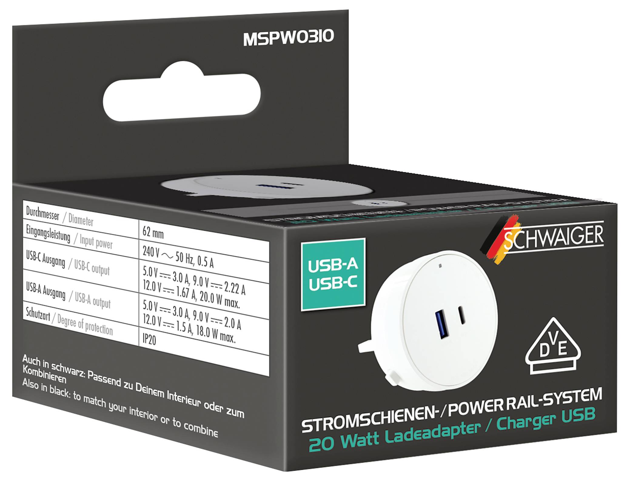 Schwaiger Stromschienen-Ladegerätebox mit einem weißen USB-Dualadapter für die Wandsteckdose, gekennzeichnet mit USB-A und USB-C, 20-Watt-Ladegerät auf schwarzer Verpackung.