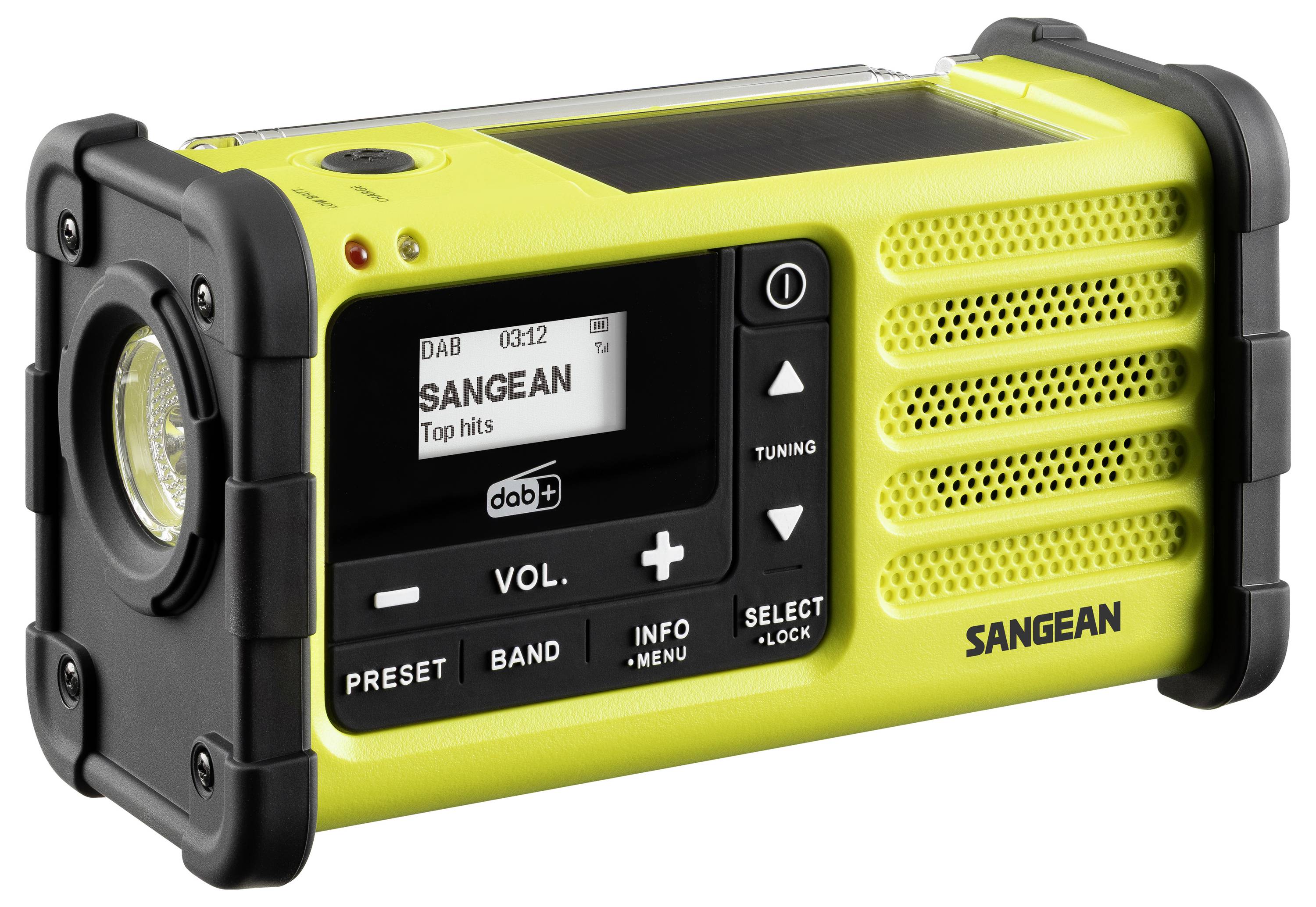 Gelb-schwarzes tragbares Sangean-Radio mit Taschenlampe, zeigt Display, Lautstärke- und Abstimmungsregler sowie Lautsprechergitter.