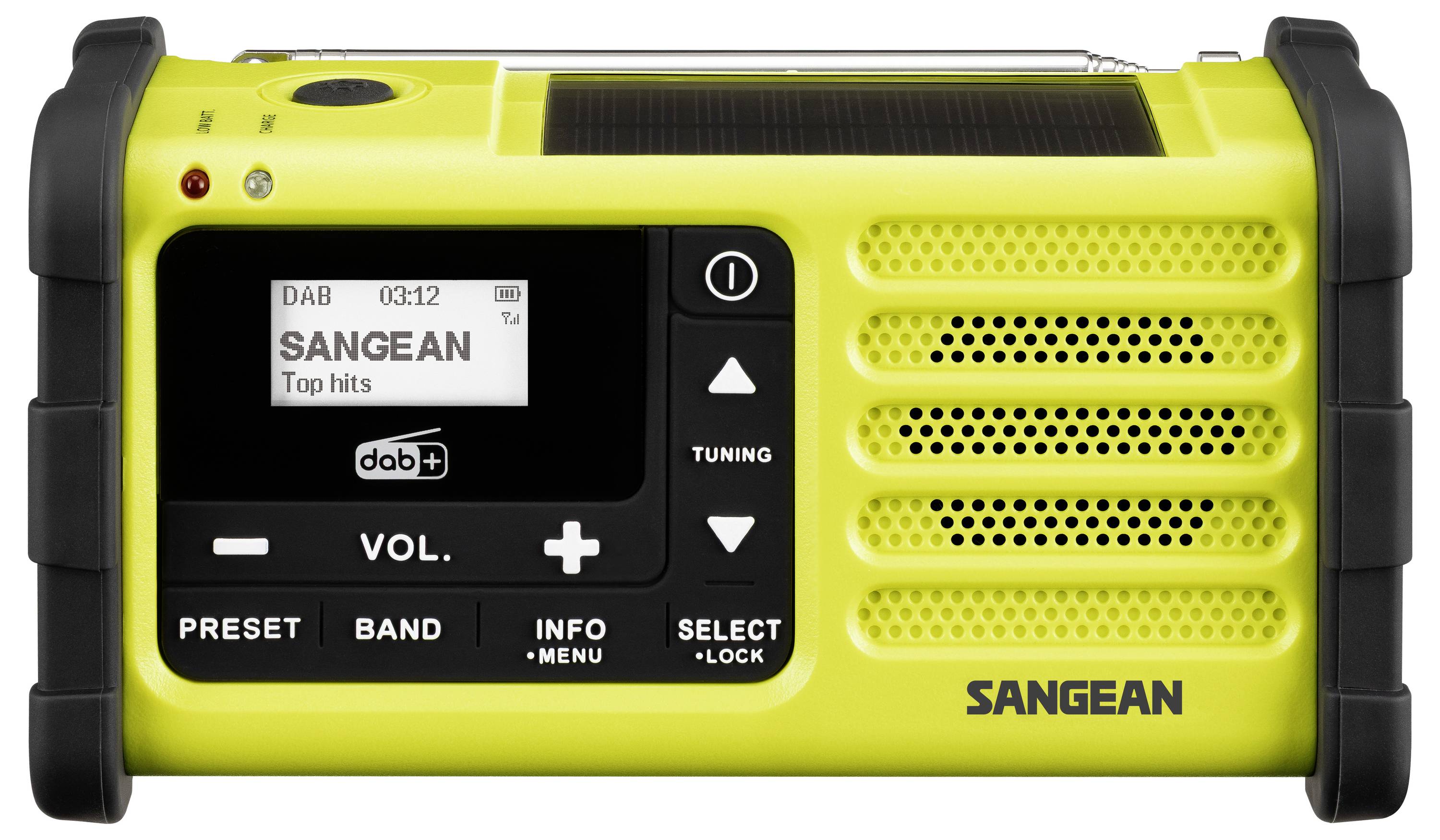 Tragbares digitales Sangean-Radio in Gelb mit schwarzen Endkappen, Lautsprechergitter, LCD-Display und Abstimm- sowie Lautstärkereglern an der Vorderseite.