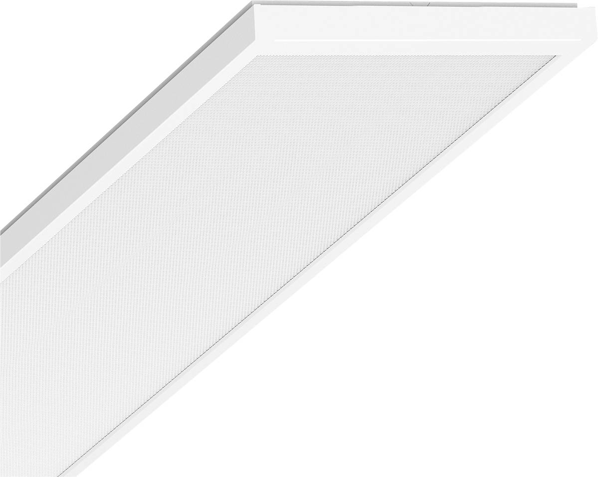 Weißes diagonales rechteckiges Panel oder Leuchte von oben betrachtet, mit abgeschrägtem Rahmen und geripptem transluzenter Mitte auf einfachem Hintergrund