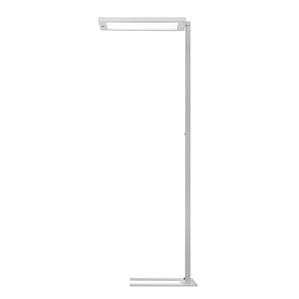 Moderne minimalistische weiße Stehleuchte mit schmalem vertikalem Pol und rechteckigem horizontalem Lampenkopf auf neutralem Hintergrund.