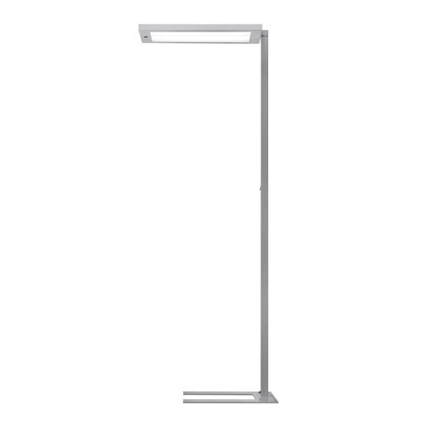 Minimalistische graue Stehleuchte mit einem horizontal rechteckigen Lampenkopf auf einem hohen vertikalen Ständer.