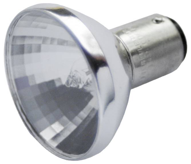 Nahaufnahme einer silbernen reflektierenden Spotlightlampe mit metallischer Fassung auf weißem Hintergrund.