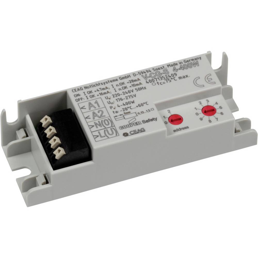 Graues CEAG-Elektrosicherheitsrelaismodul mit Klemmleiste, Einstellreglern und aufgedruckten Spannungs-/Stromspezifikationen