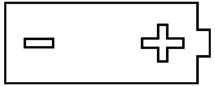 Batterie-Symbol mit einem fast leeren Ladebalk und Plus- und Minuspolen, das einen niedrigen Batteriestatus anzeigt.