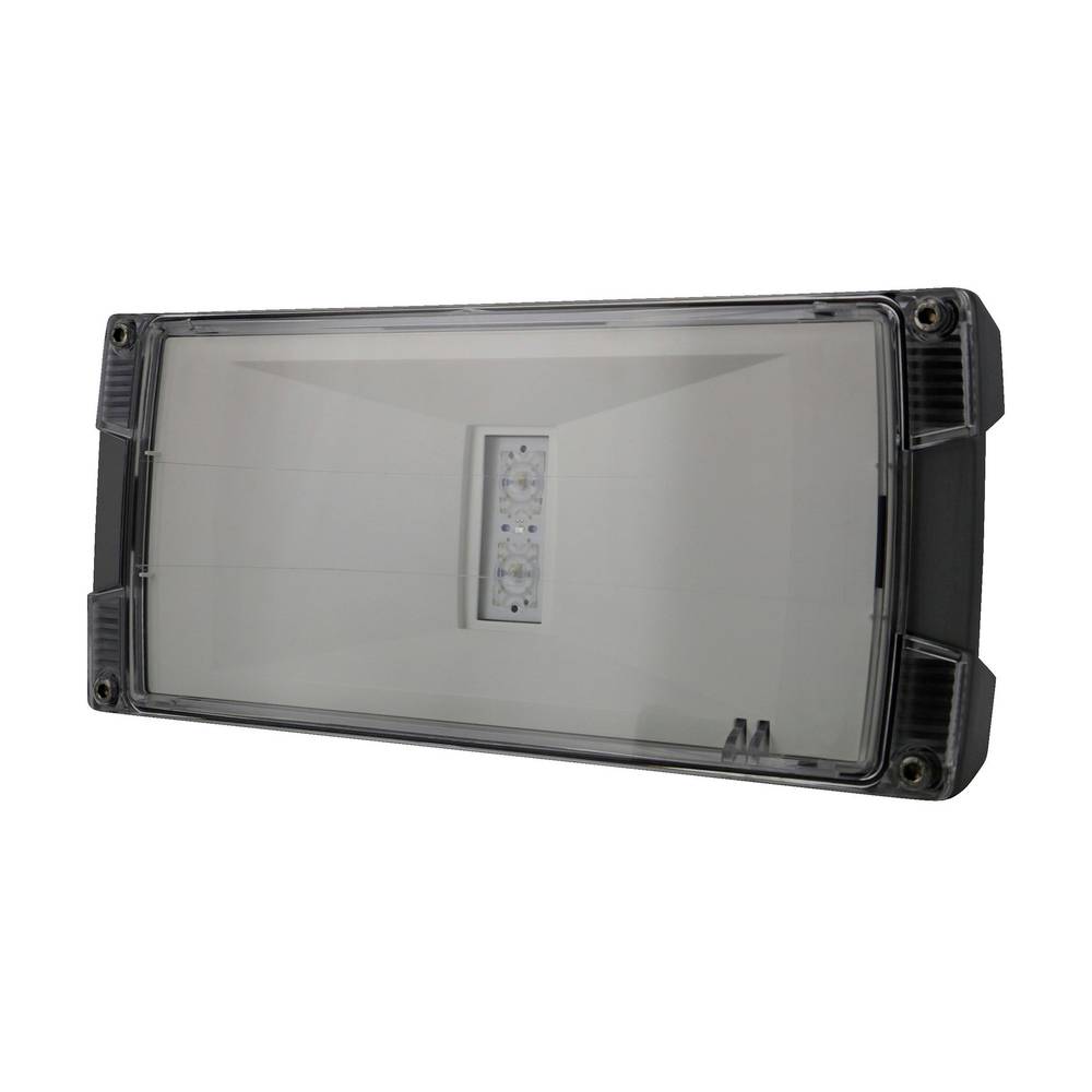 Rechteckige schwarze LED-Leuchte mit einer klaren Frontabdeckung und kleinem, mittig angebrachtem LED-Modul.