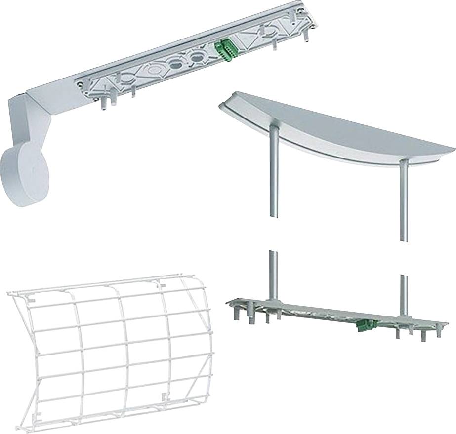 Collage aus vier Metallhardware-Komponenten, einschließlich gebogener Halterungen, einer Vordachstütze und einem Drahtgitter- oder Zaun-Abschnitt.