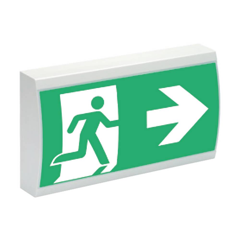 Grünes Notausgangsschild mit Laufsymbol und nach rechts zeigendem Pfeil, der die Evakuierungsroute nach rechts anzeigt.