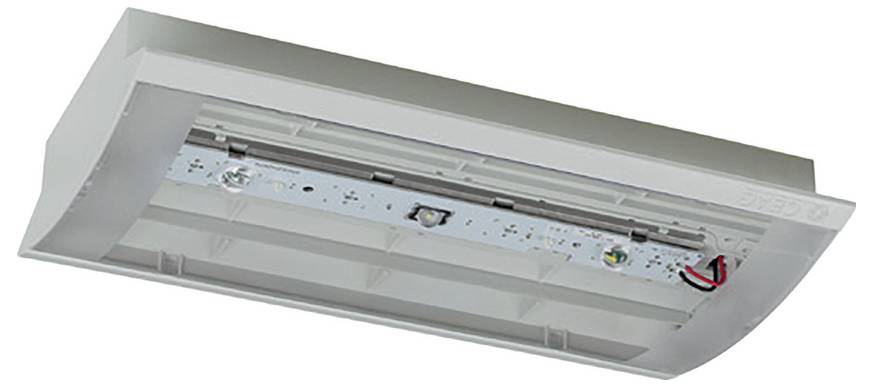 Rechteckige weiße LED-Deckenleuchte mit sichtbaren internen Komponenten, von unten in einem Winkel dargestellt.