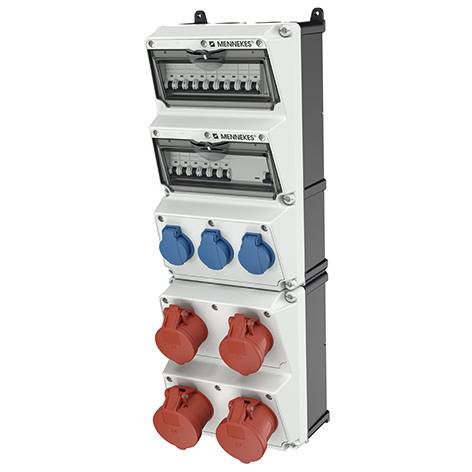 Industrielles Stromverteilpanel mit zwei Schaltermodulen und mehreren blauen und roten Steckdosen.