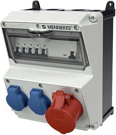 Industrieller Stromverteilungskasten mit transparenter Schutzabdeckung für Leitungsschutzschalter, vier Leitungsschutzschaltern im Inneren und drei vorderen Steckdosen mit blauen und roten Schutzenkappen.
