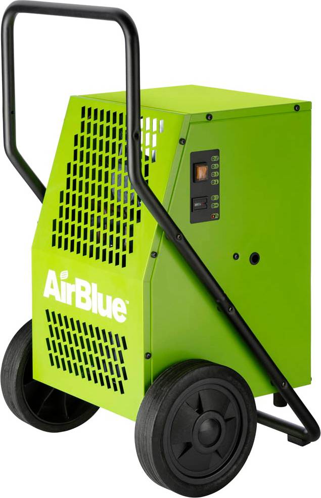 Tragbares grünes AirBlue-Gerät auf zwei Rädern mit Griff, vorderen Lüftungsöffnungen und Bedienfeld.