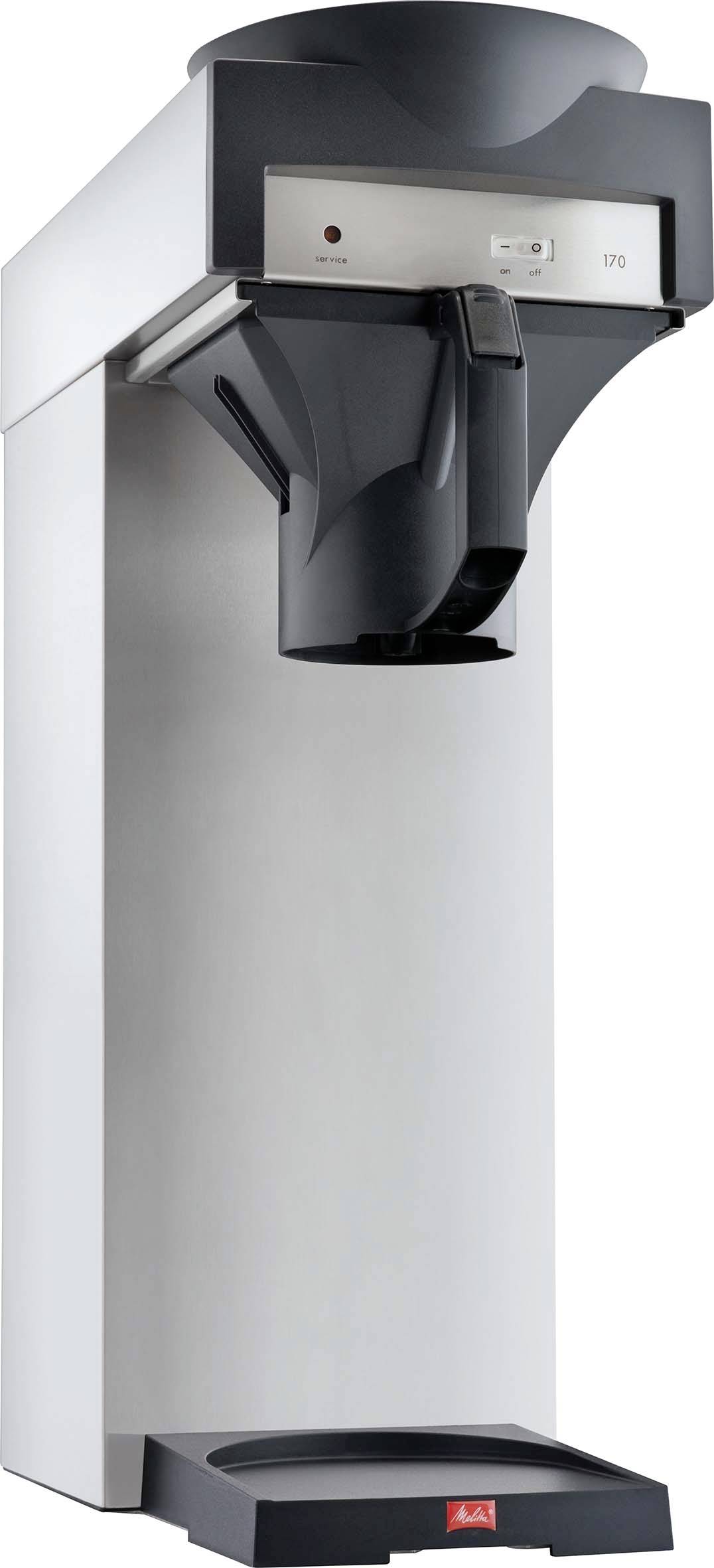 Große automatische Kaffeemaschine mit silbernem Gehäuse und dunkler Oberseite, Frontansicht auf weißem Hintergrund dargestellt.