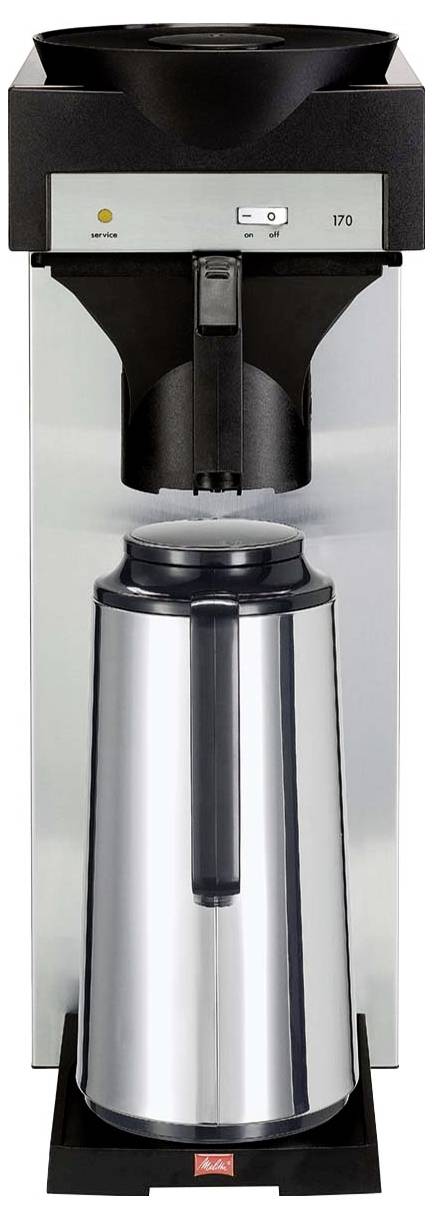 Kommerzieller Kaffeebereiter mit Glaskanne, Frontansicht auf schwarzem Ständer.
