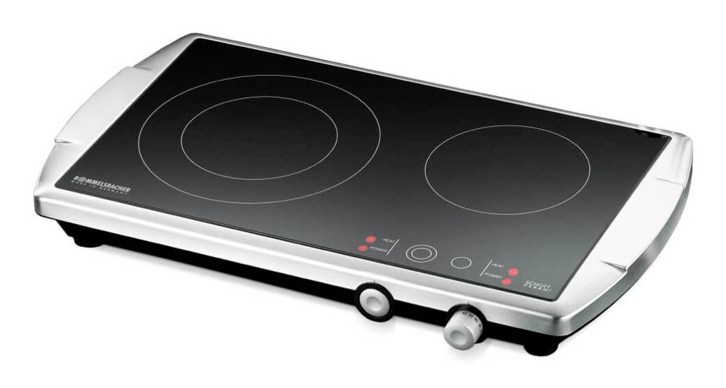 Tragbare Einzelplatten-Elektrokochplatte mit zwei Kochzonen, schwarzer Glastop, silberner Gehäuse und vorderen Bedienelementen.