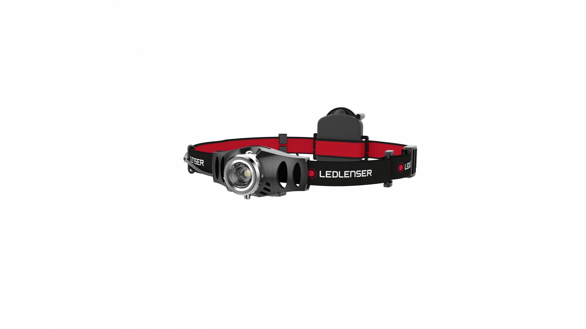 Schwarze und rote Ledlenser-Kopflampe mit verstellbarem Riemen und frontalem Lichtmodul auf weißem Hintergrund.