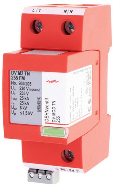 Rotes Modul zur Schutzvorrichtung gegen elektrische Spannungsspitzen mit Anschlussmarkierungen und technischen Etiketten auf der Vorderseite.