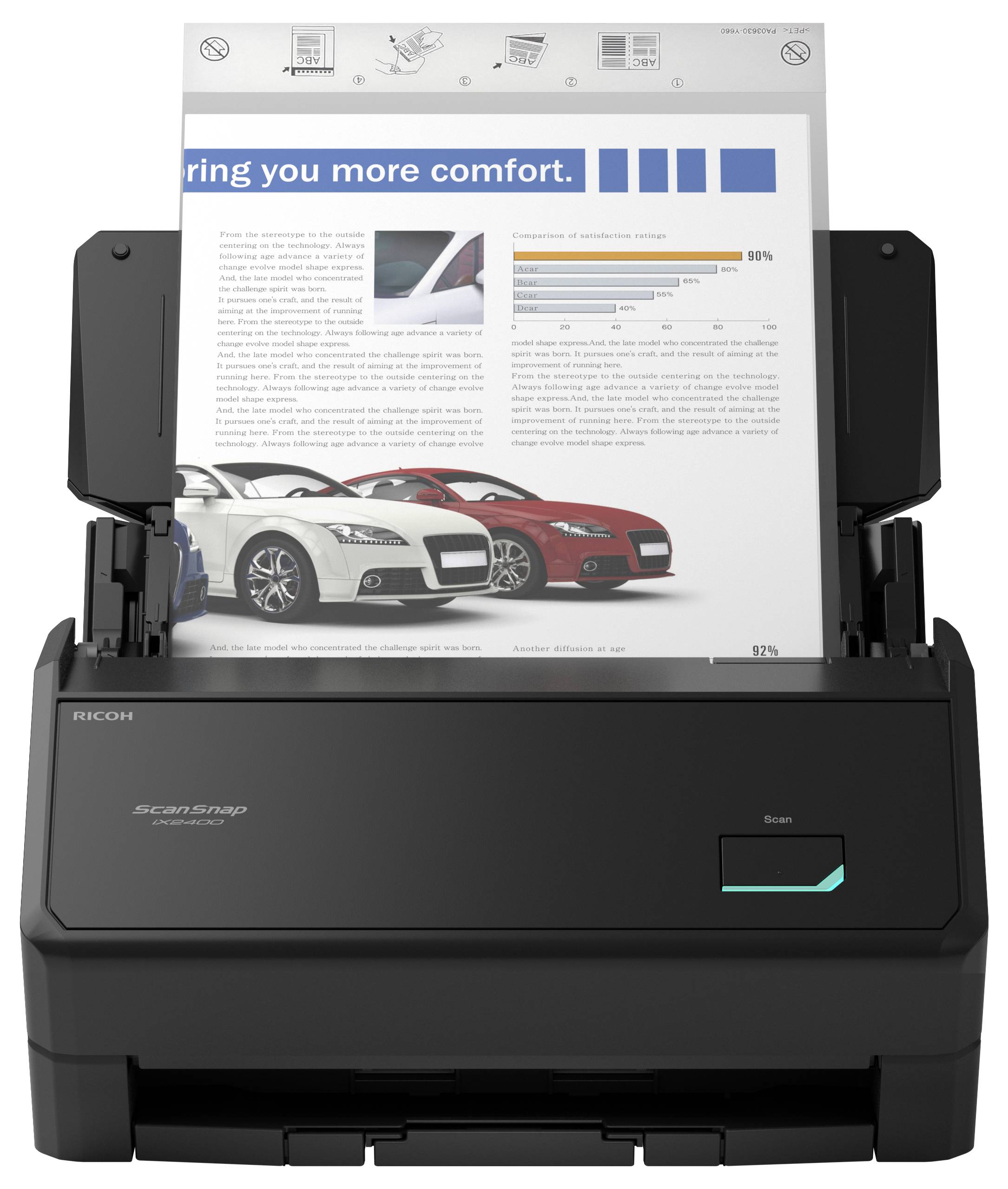 Schwarzer Ricoh ScanSnap Dokumentenscanner mit einer im Einzug eingelegten Seite, auf der eine Broschüre über Autos und Komfort zu sehen ist.