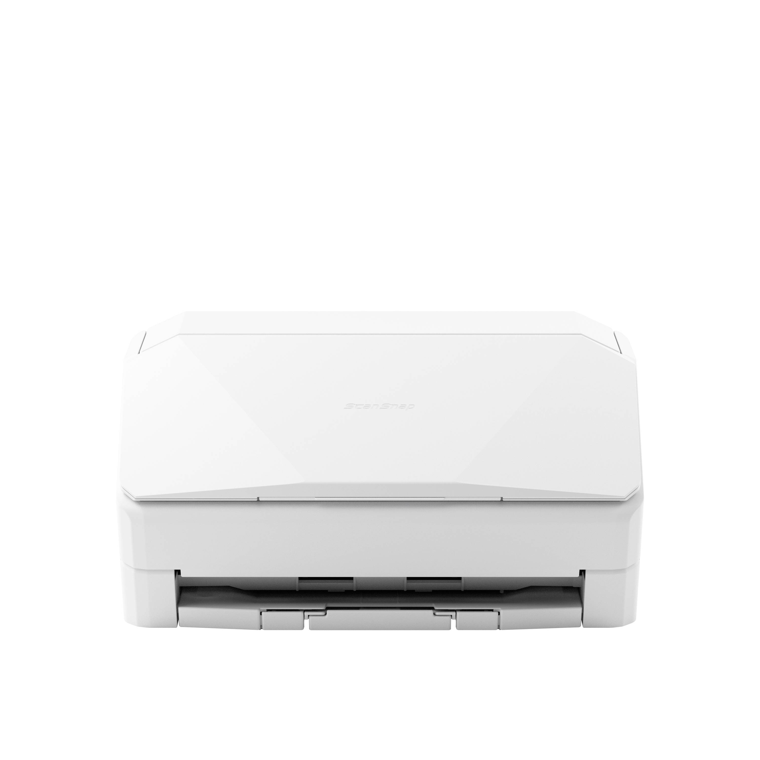 Weißer kompakter Drucker/Scanner in Vorderansicht auf einem weißen Hintergrund.