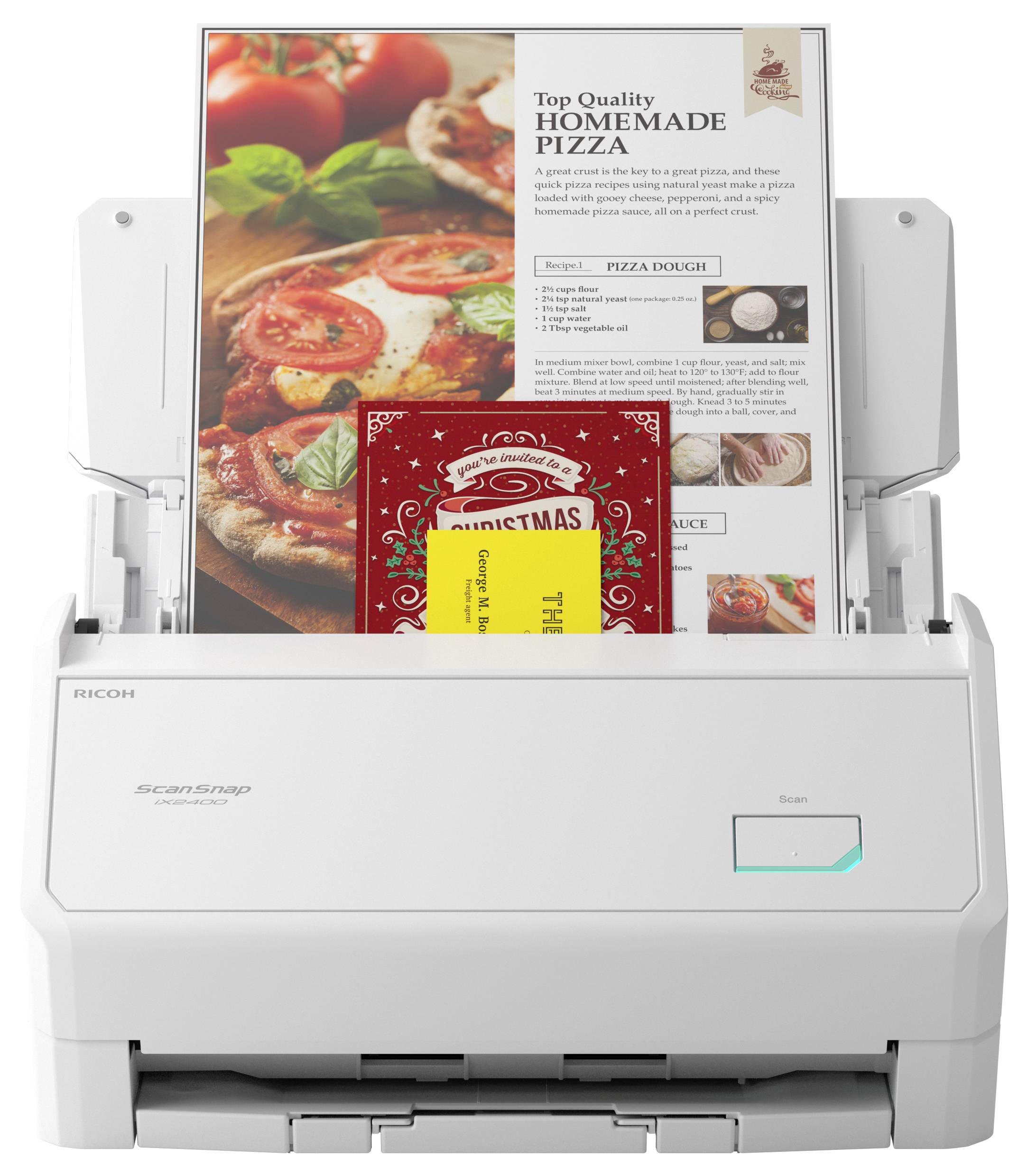 Ein Desktop-Scanner, der eine Magazinseite und eine Weihnachtskarte einzieht, mit leuchtendem Scanbotton, der einen Dokumentscanprozess zeigt.