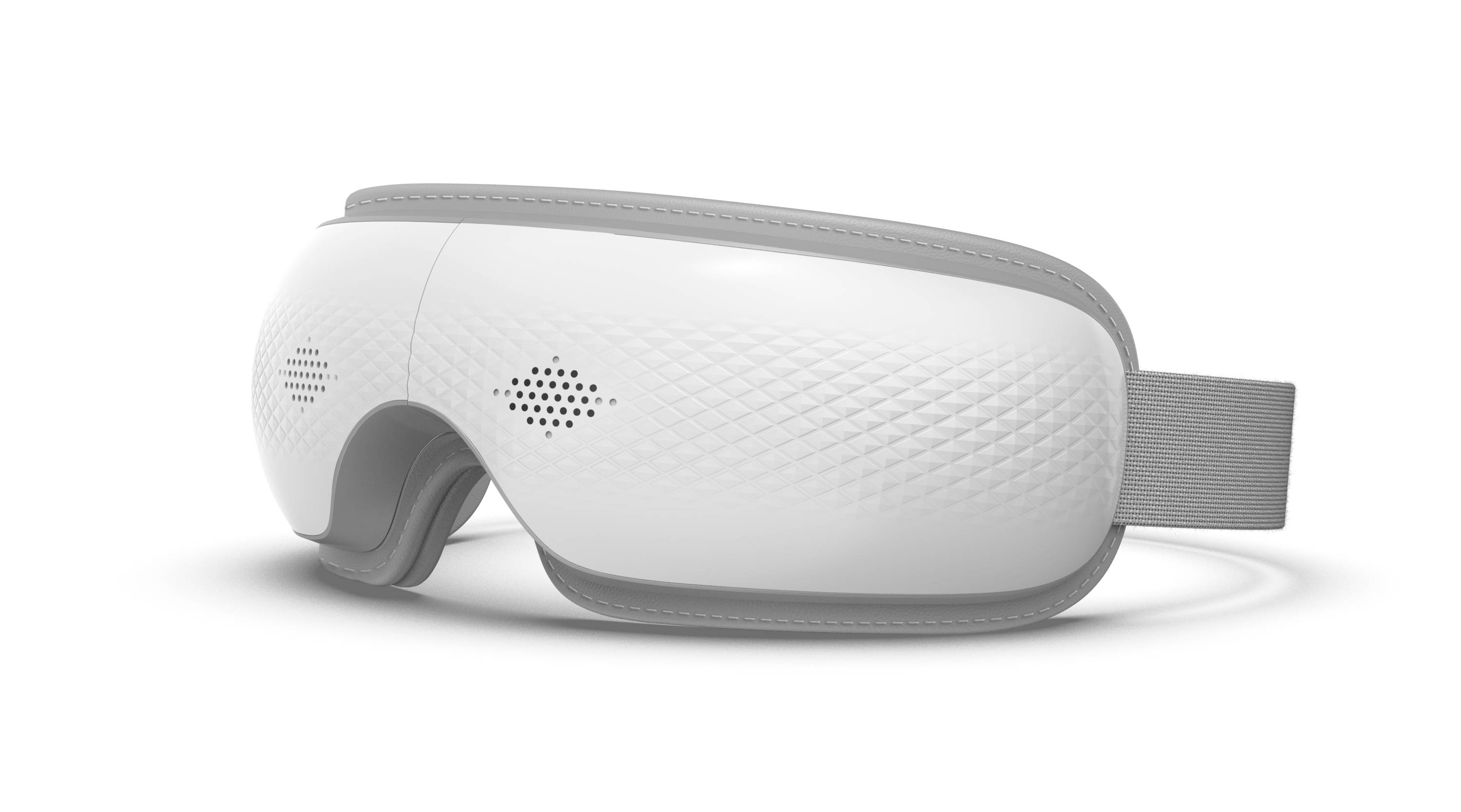 Weißes VR-Headset mit grauem Rand und verstellbarem Riemen, in Seitenansicht vor neutralem Hintergrund gezeigt.