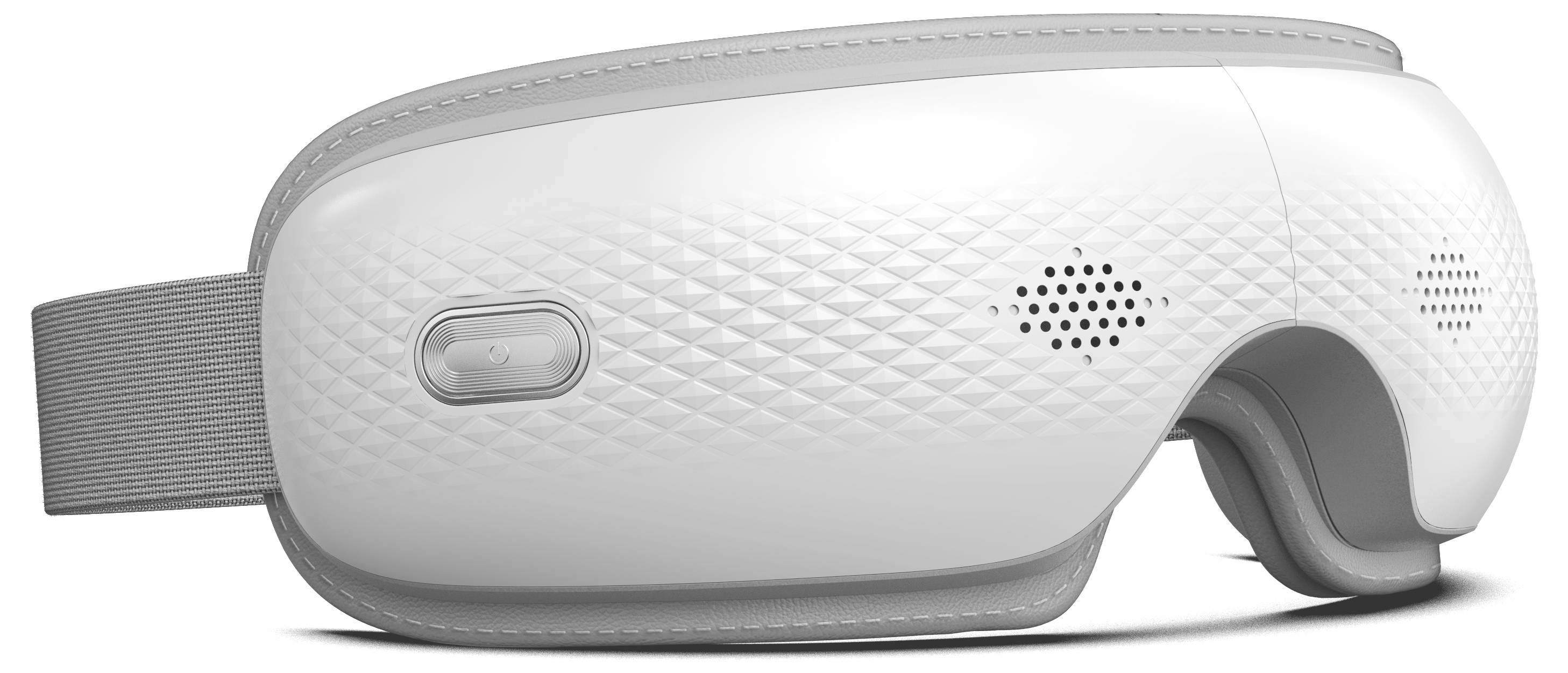 Weiß strukturiertes VR-Headset mit grauem Riemen, in der Seitenansicht auf einfachem Hintergrund dargestellt.