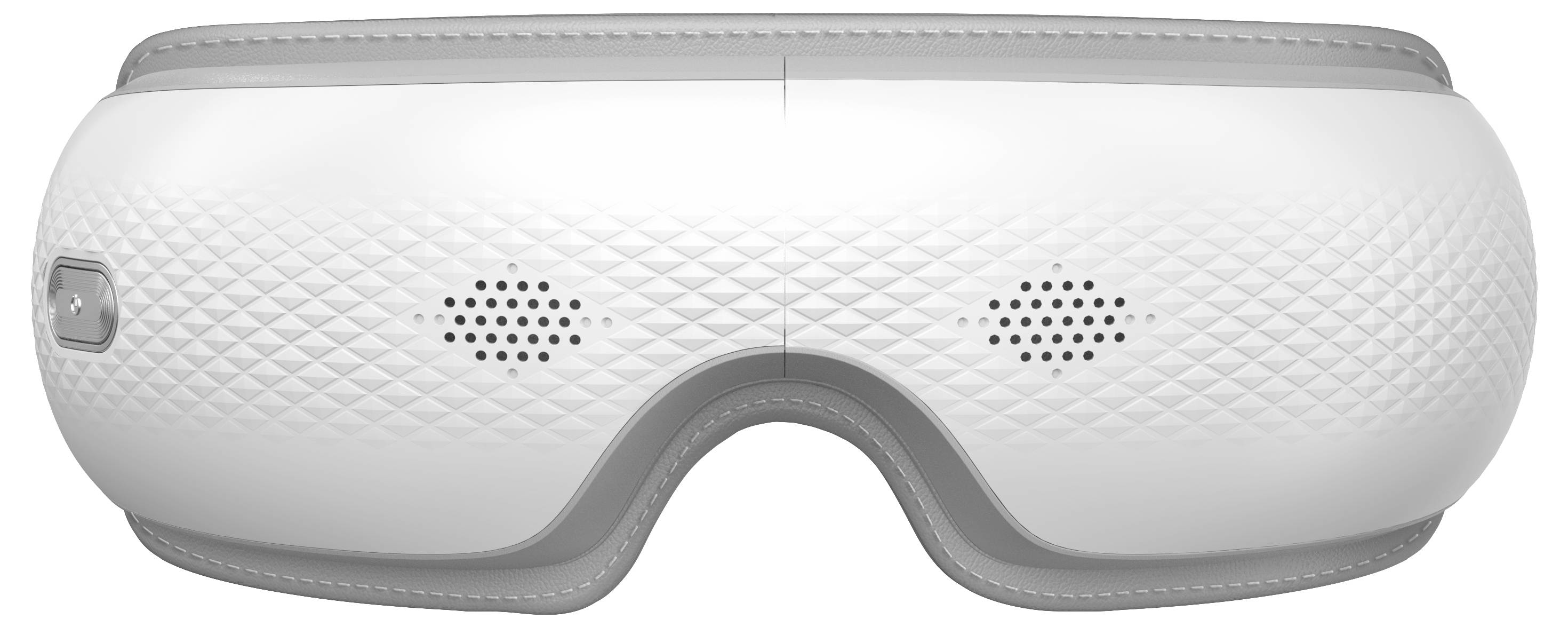 Weiße Schlafmaske oder intelligente Augenmaske mit strukturierter Vorderseite, grauem Rand und kleinen perforierten Lautsprecherlöchern auf beiden Seiten.