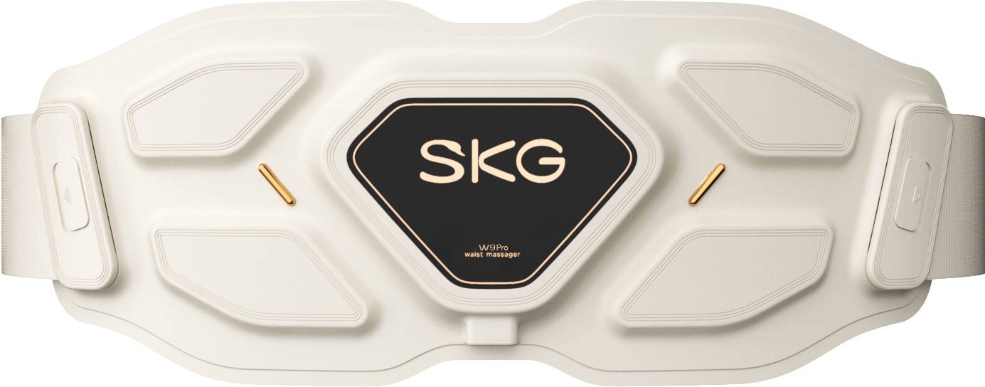 Weißer SKG-Taillenmassagegürtel mit schwarzem Mittelpanel, orangefarbenen Akzenten und seitlichen Verstellriemen auf neutralem Hintergrund.