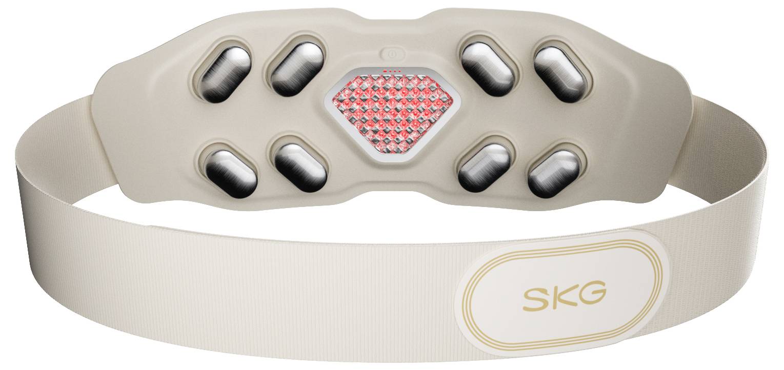 Beige SKG tragbarer Nackenmassager mit breitem Riemen und zentralem Rotlicht-Therapie-Panel mit mehreren silbernen Massageknoten.