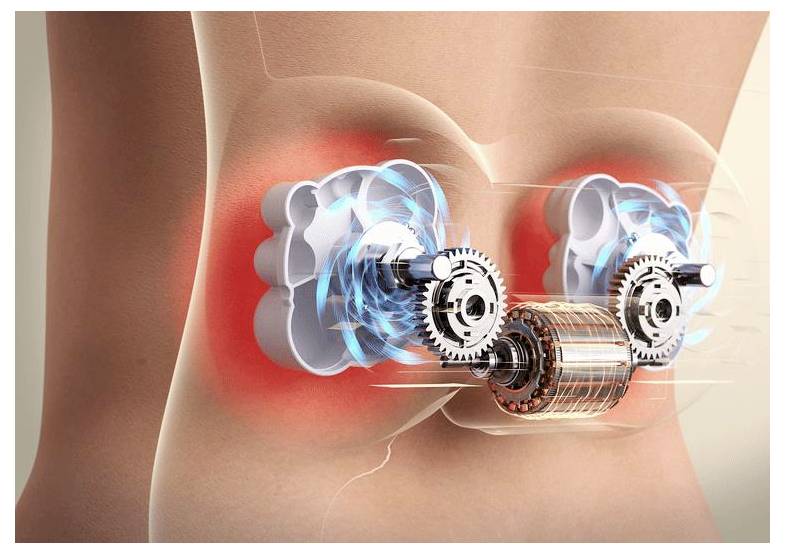 Illustration eines unteren Rückens mit einem angebrachten Vibrationsmassagegerät, das Zahnräder und rotierende Walzen zeigt, die den Wirbelsäulenbereich massieren.