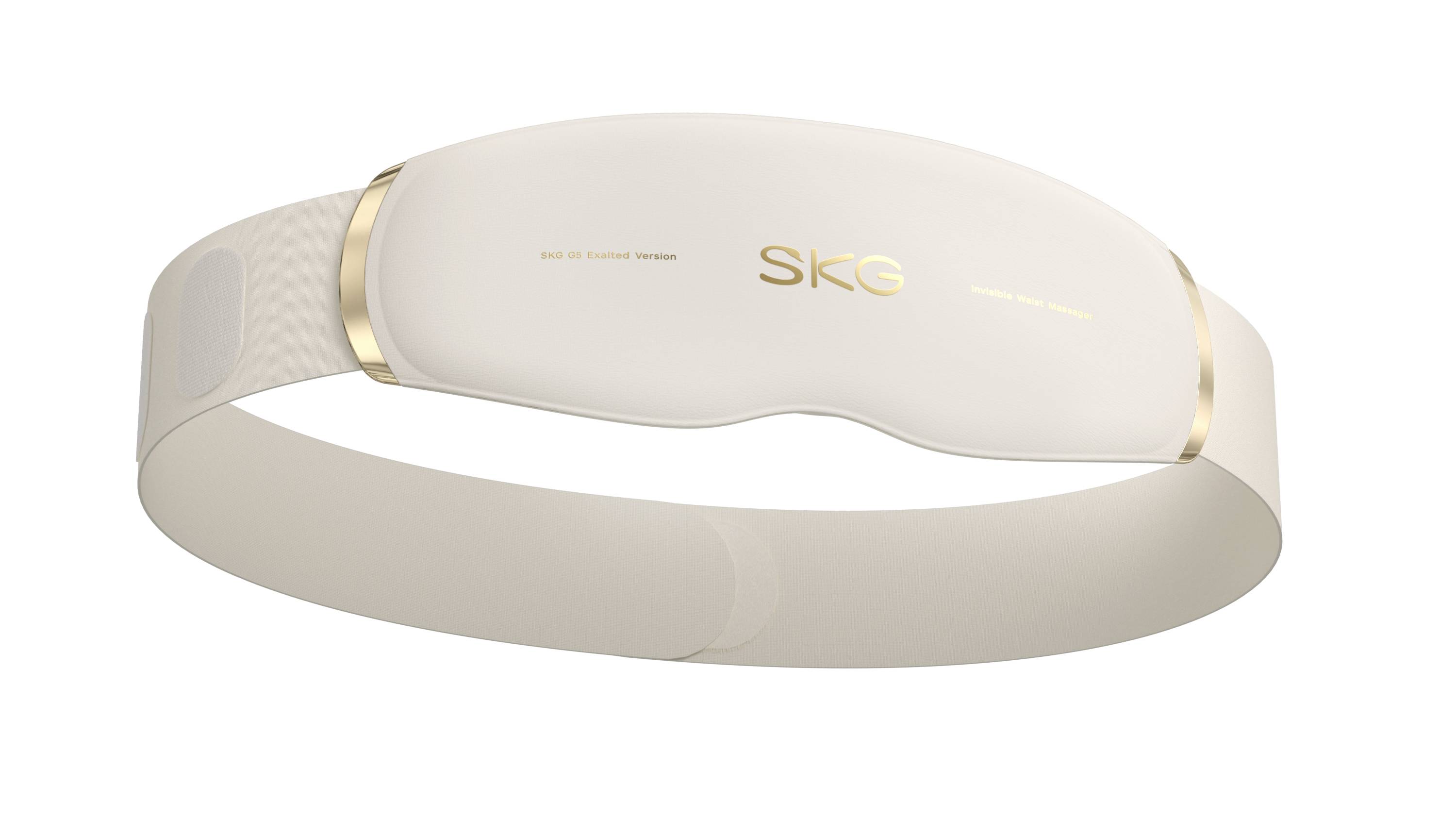 Beige SKG tragbarer Nackenmassager mit Goldakzenten auf weißem Hintergrund.