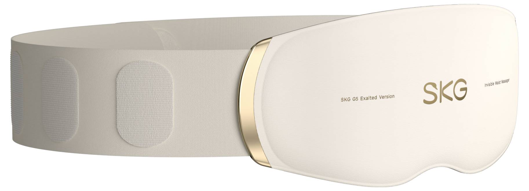 Hautfarbener SKG tragbarer Nackenmassager mit goldener Akzentuierung und konturiertem Frontpanel, in Seitenansicht dargestellt.